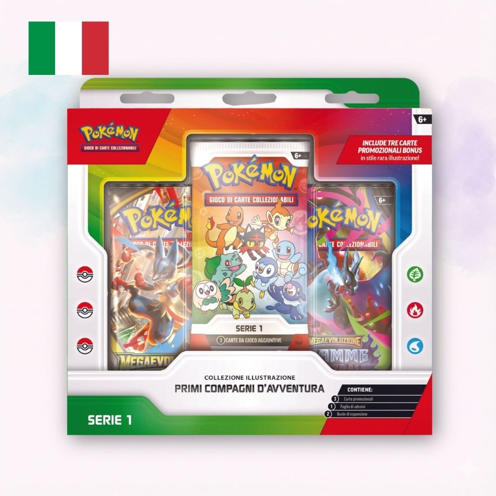Pokémon TCG Collezione Illustrazione Primi Compagni d’Avventura Serie 1 italiano con 3 carte promo 2 buste e adesivi - Kyodai Store